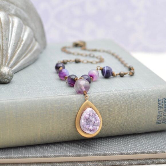 Banded Agate and Amethyst Druzy Pendant Necklace - Picture 1 of 4